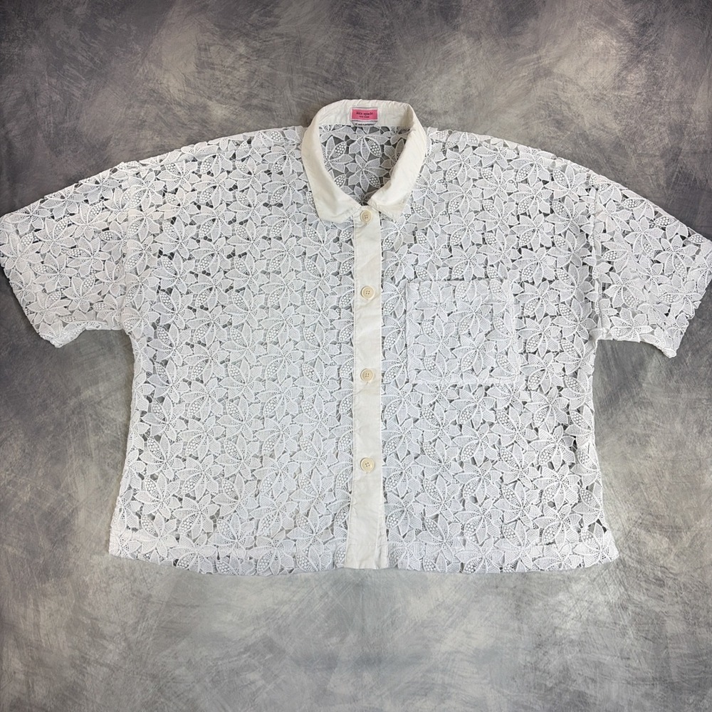 Kate Spade Lace Button Down Shirt Womens XL White Floral Short Sleeve Guipure
